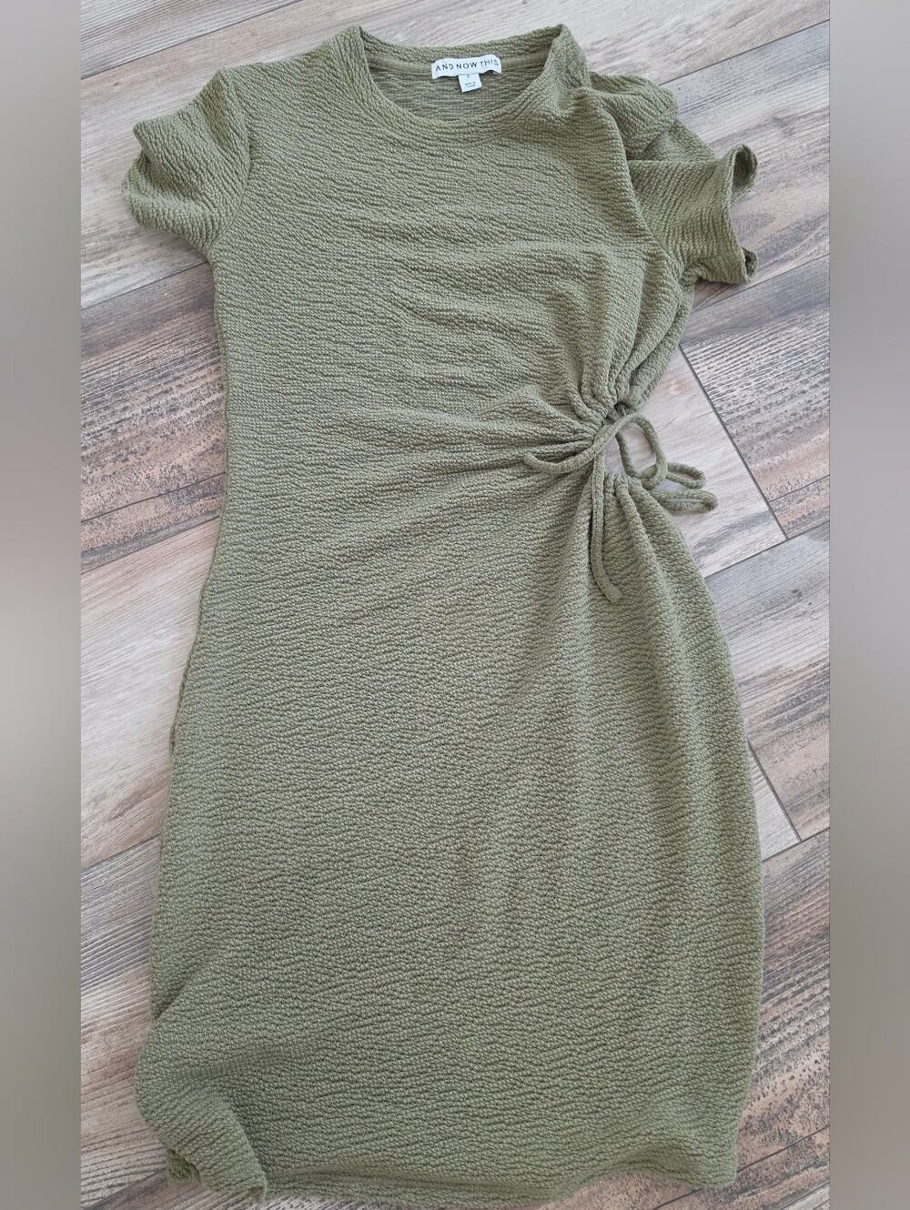 Olive Green Side-Tie Textured Short Sleeve Dress Size S